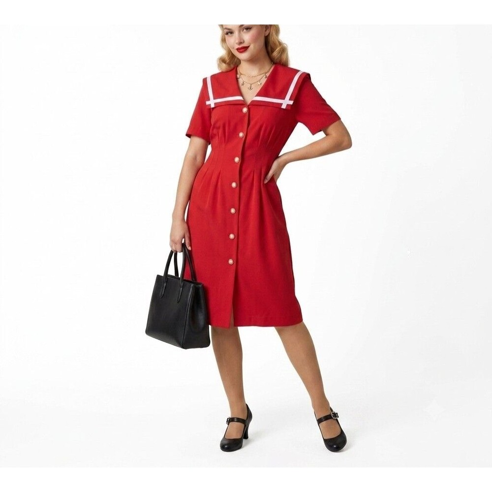 Vintage Ultra Dress Nautical Red Sailor Pinup USA 12 Cape Collar Pearl Buttons